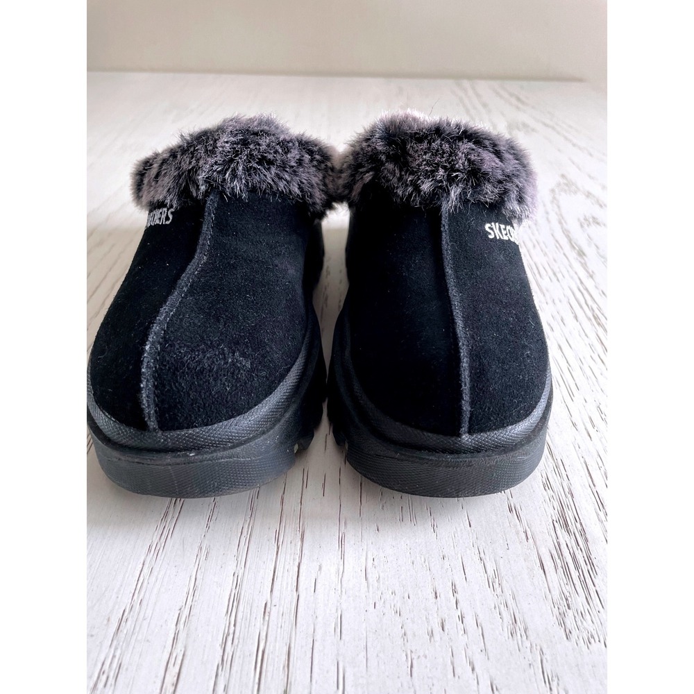 Skechers Y2K Fortress Women Black Gray Suede Mule Platform Jammers Faux‎ Fur 6.5